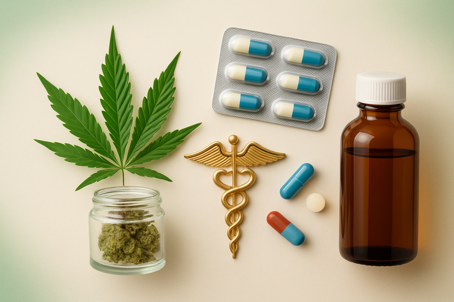 Cannabis Wechselwirkungen mit Medikamenten - Pillen und Cannabisblätter